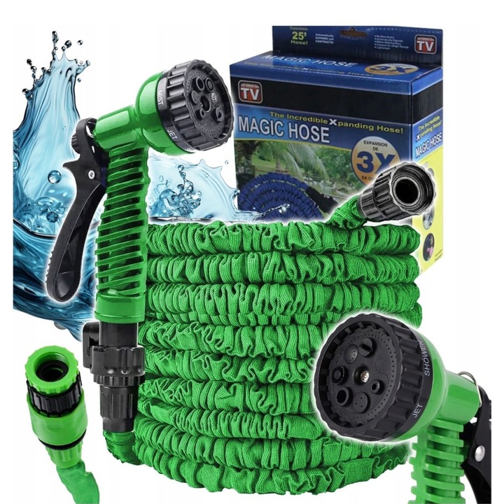 Kihúzható kerti tömlő 7 öntözési móddal, pisztollyal és csatlakozóval, 60 m hosszú, rugalmas, zöld