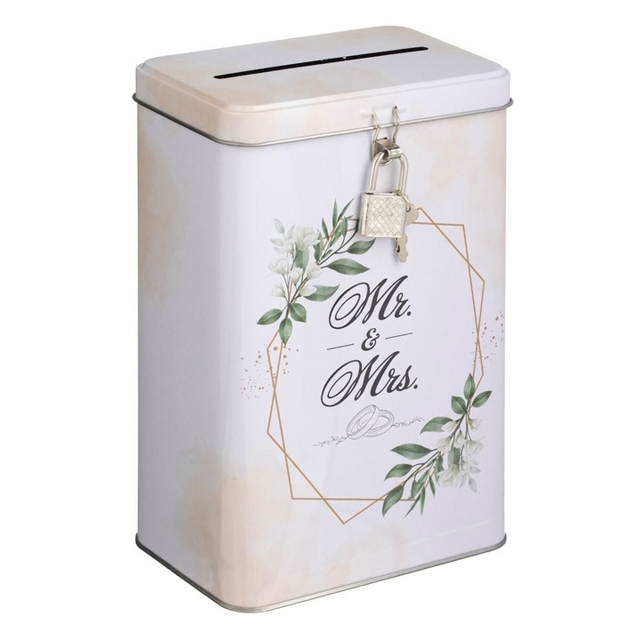 Pusculita Nunta Mr & Mrs Alba Metalica cu Inchidere 12x7.5x19cm