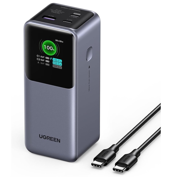 Powerbank, Ugreen, Nexode PB721, 20000 mAh, 130W, 2 porturi USB, Gri, Set de 4 piese (powerbank, cablu USB-C, manual de utilizare, ambalaj original), Material litiu-ion, Ecran TFT inteligent, Greutate 480 g, Tehnologie de incarcare rapida