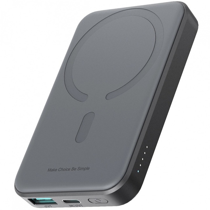 Baterie externa DaDen W020 Mini PowerBank, 5000 mAh, Wireless, 20W, 1xUSB-C, 1xUSB, PD, QC3.0, Fast, Power LED, Negru