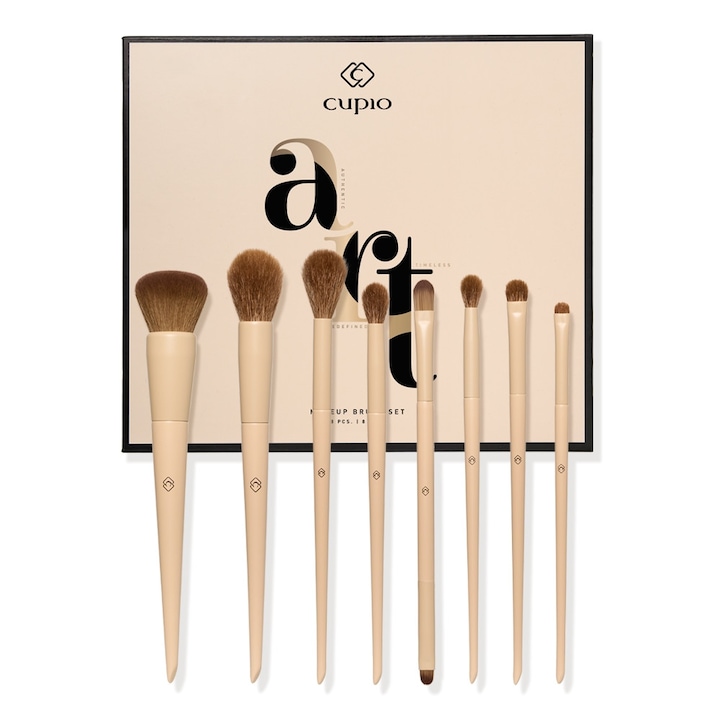 Set 8 pensule machiaj Cupio ART, par natural si sintetic, ergonomice, cutie eleganta