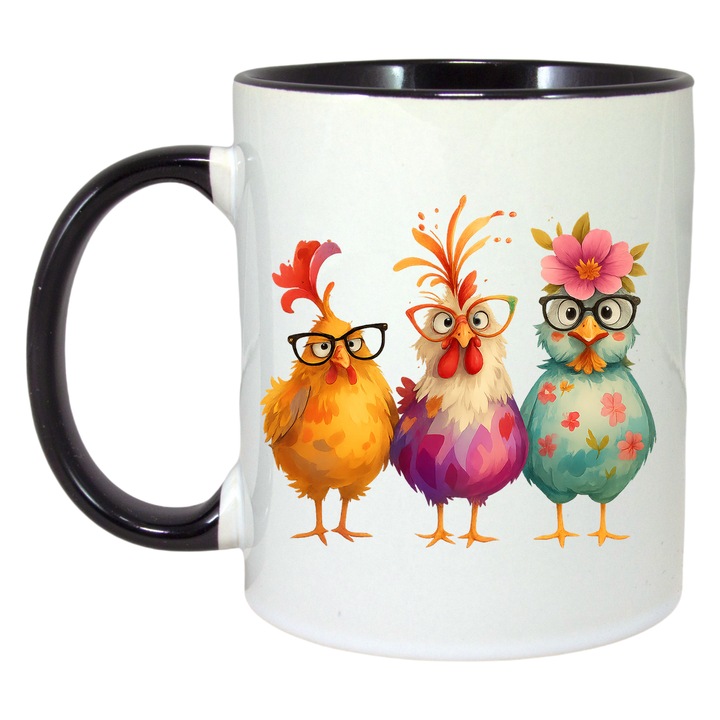 Cana trei gaini colorate, Cri-Flo, Ceramica, 330ml. Maner si interior Negru