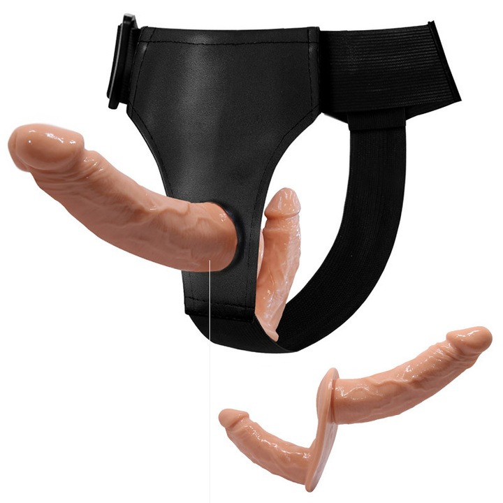 Dildo realist purtabil cu capete duble, vene proeminente, Fudisenn, fara BPA, impermeabil, reglabil/detasabil, stimulare dubla si placere unica, usor de curatat, pentru cupluri de sex feminin, negru/nud