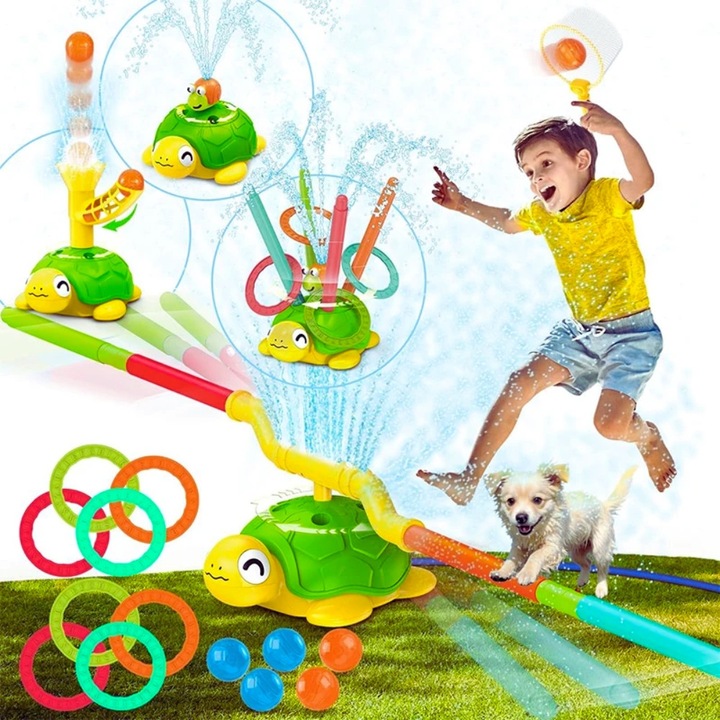 Jucarie pentru Copii Broscuta 4-in-1 Interactiva si Discractiva, Functii multiple, Aruncare Cercuri, Sarit coarda si Rotire, Stropitoare, Joc Educativ pentru interior/exterior, PacFullTech