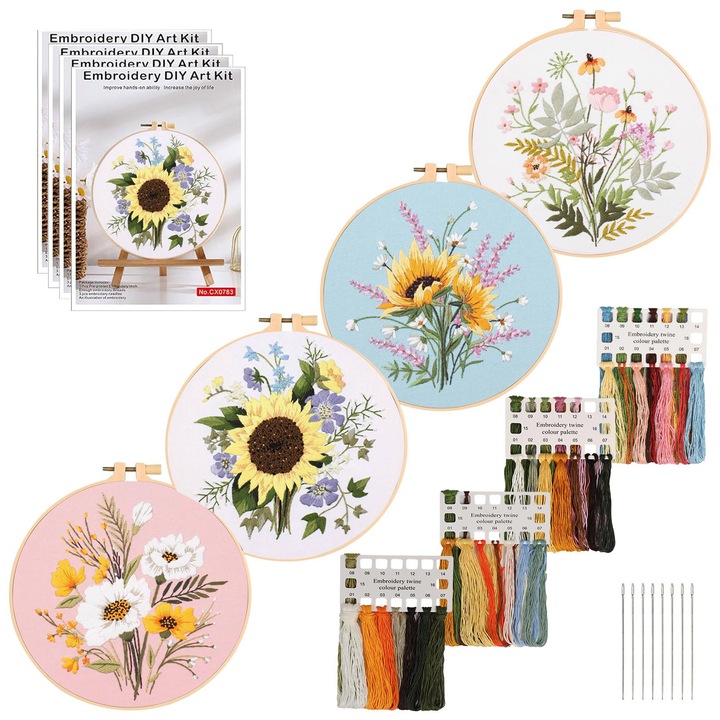 Kit de broderie florala pentru incepatori (cu model si instructiuni), kit de goblen in cruce din 4 piese, kit de artizanat, Fudisenn, decoratiuni DIY, 20 cm, ata colorata, ac, cadru reglabil, instructiuni, model floral, multicolor