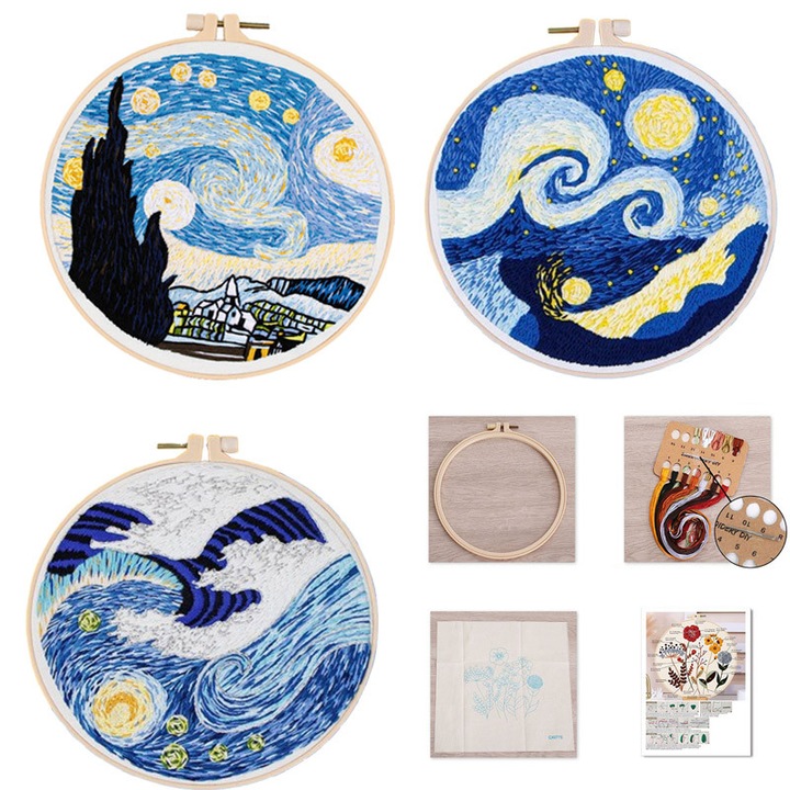 Kit de broderie pentru incepatori cu cer instelat (include model si instructiuni), kit de goblen in cruce din 3 piese, kit de artizanat, Fudisenn, decoratiuni DIY, fir colorat, ac de brodat, intindere reglabila, cer instelat si valuri oceanice, albastru