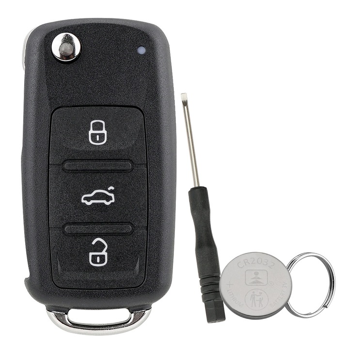 Carcasa Cheie Auto 3 Butoane Compatibil cu VW Volkswagen Skoda Seat Golf MK6 Jetta Eos Polo Tiguan Touran Beetle Caddy Scirocco Fabia Rapid Superb Yeti Citigo Roomster Altea Ibiza Leon Mii + Baterie CR2032 + Surubelnita + Inel pentru Chei