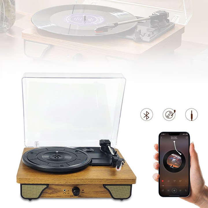 Pickup stereo, player de vinil, pickup Bluetooth, Fudisenn, difuzoare duble incorporate, Bluetooth 5.4, trei viteze, retro, potrivit pentru inregistrari de 7/10/12 inchi, potrivit pentru divertisment acasa si decorare acasa, maro