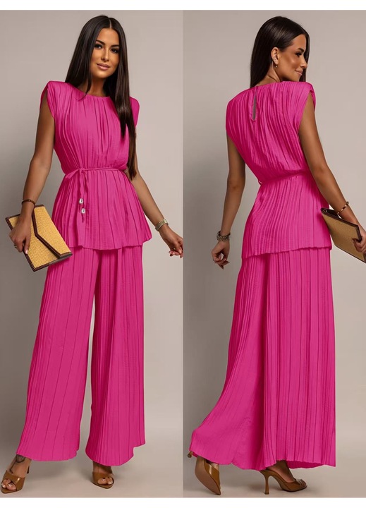 Compleu Elegant Dama din Material Plisat roz, marime M-L INTL