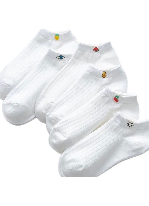 Set de 6 perechi sosete scurte dama, bumbac, alb fildes, imprimeuri cu fructe si soare, marime 36-41 EU