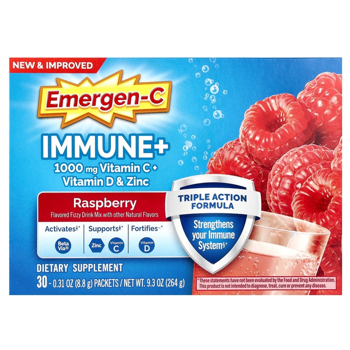 Emergen-C Immune+, Vitamina C, Vitamina D, Zinc, zmeura, set 30 saszetek, 8,8 g fiecare