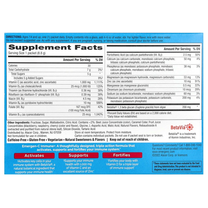 Emergen-C Immune+, Vitamina C, Vitamina D, Zinc, zmeura, set 30 saszetek, 8,8 g fiecare