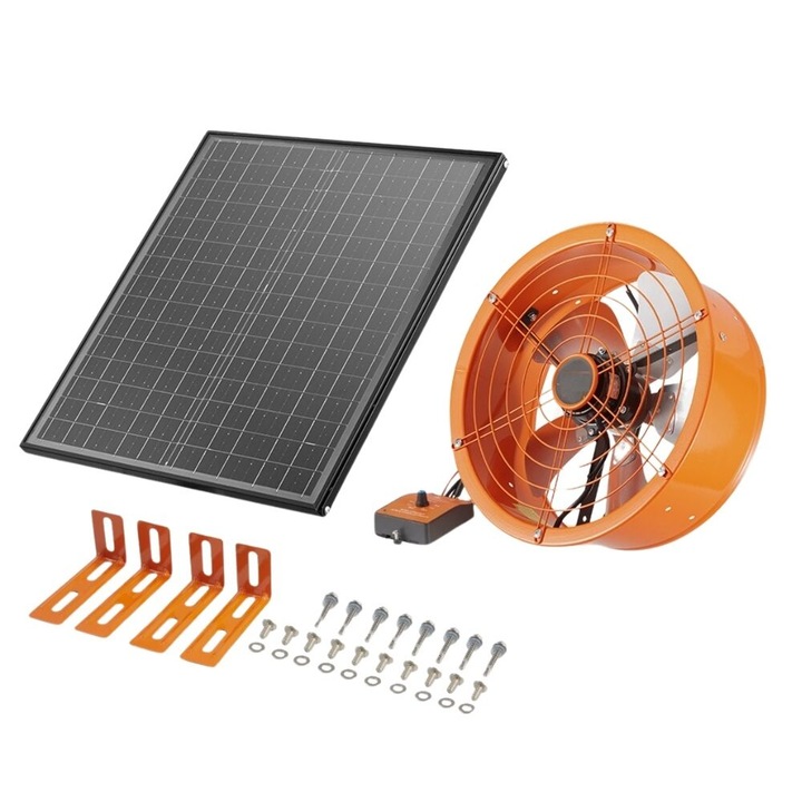 Ventilator cu panou solar pentru mansarda, Aluminiu, Termostat reglabil, Φ400 x 150 mm, Portocaliu, 45 W