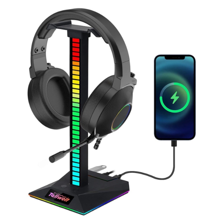 Suport pentru casti cu iluminare ritmica RGB, cu port USB Type-C si port AUX, suport pentru casti PC Gaming -NEGRU