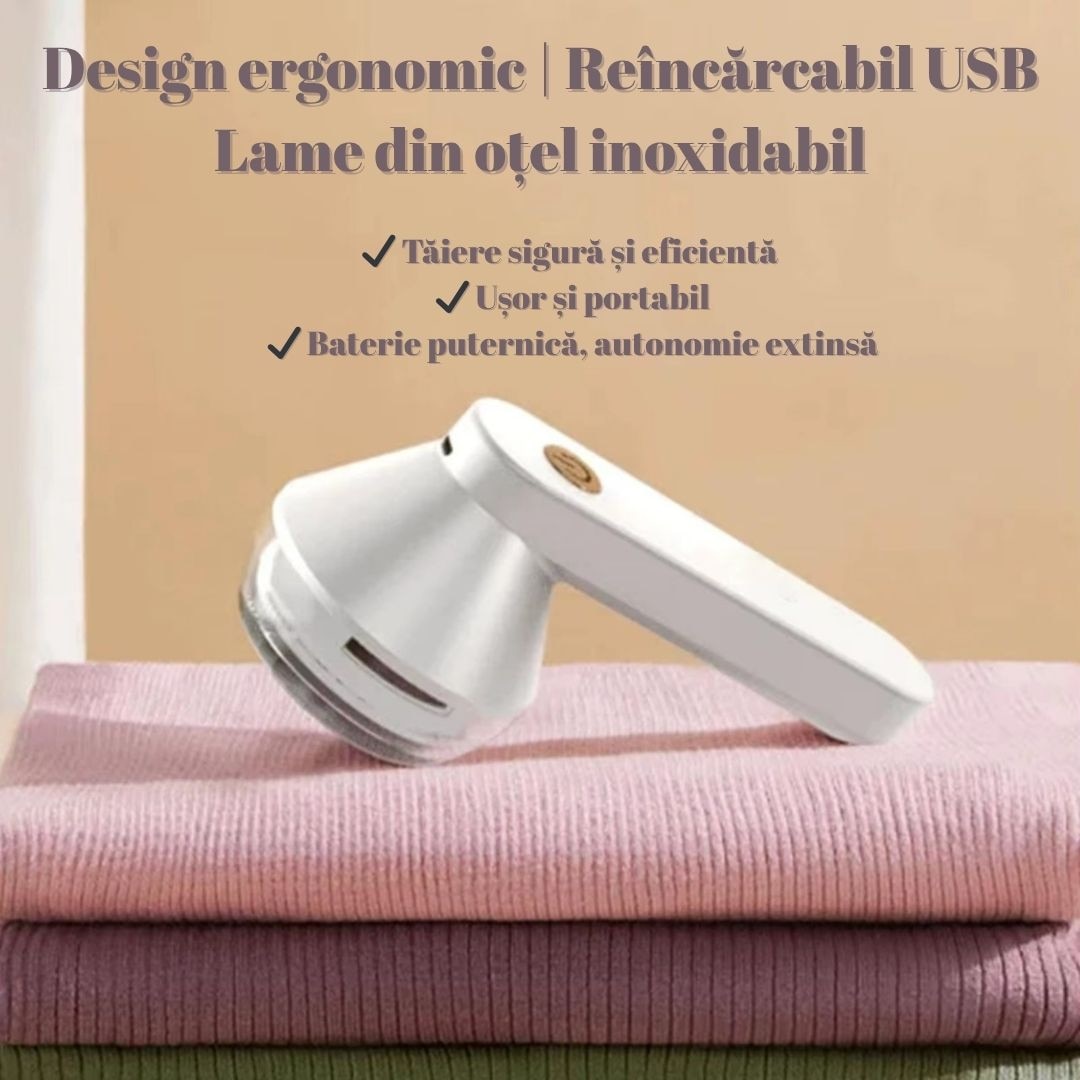 Aparat electric de indepartat scame, lame din otel inoxidabil, reincarcabil USB, potrivit pentru haine, pulovere, par de animale, design compact si portabil, alb