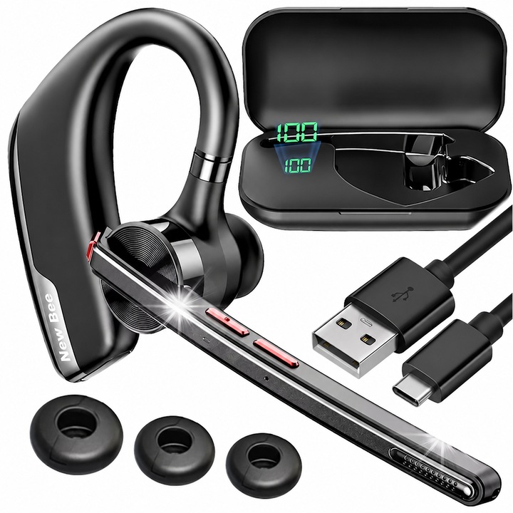 Casca Bluetooth Auto, New Bee M51, In-Ear, Casca Wireless pentru Munca, Autonomie 60 H, Mutipoint, 2 Microfoane, Functie ENC, Design Rotativ si Functie Mut, Casti HandsFree Pro Business, Raza Transmisie 15m, Muzica si Apeluri HiFi, Ultra Confort, Negru