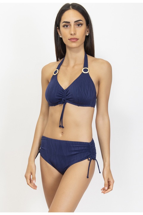 Costum de baie din doua piese, sutien fara burete si fara sarma cu prindere dupa gat si chilot cu talie inalta reglabila din snurul aplicat, model de lux, imprimeu abstract, Intimamoda Bijoux WA57, Bleumarin