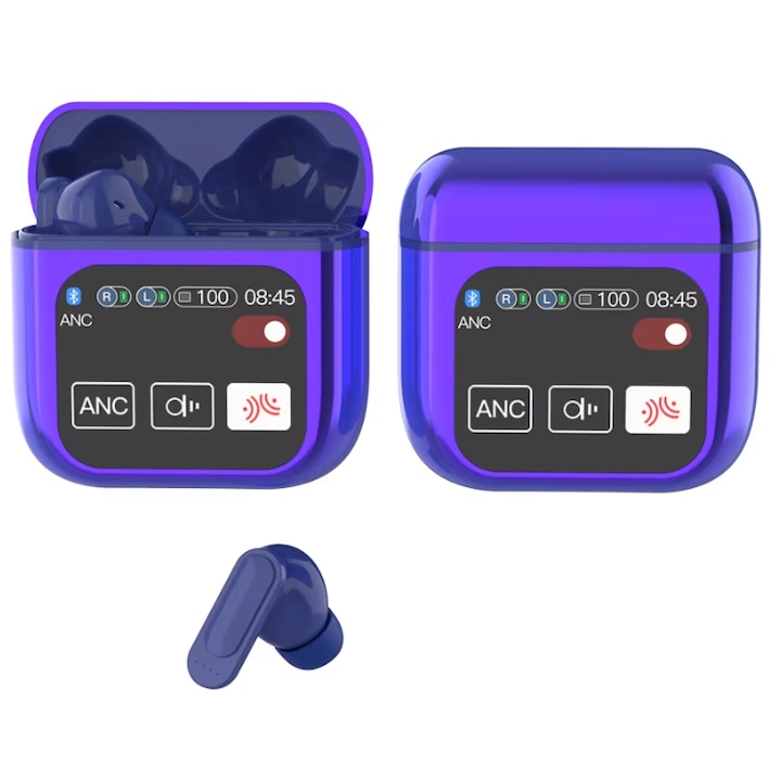 Casti Wireless cu Ecran Tactil LCD de 1.9 Inch, ANC+ENC, Bluetooth 5.4, Sunet HIFI, Autonomie stand by 80h, Rezistente la Apa IPX4 -ALBASTRU