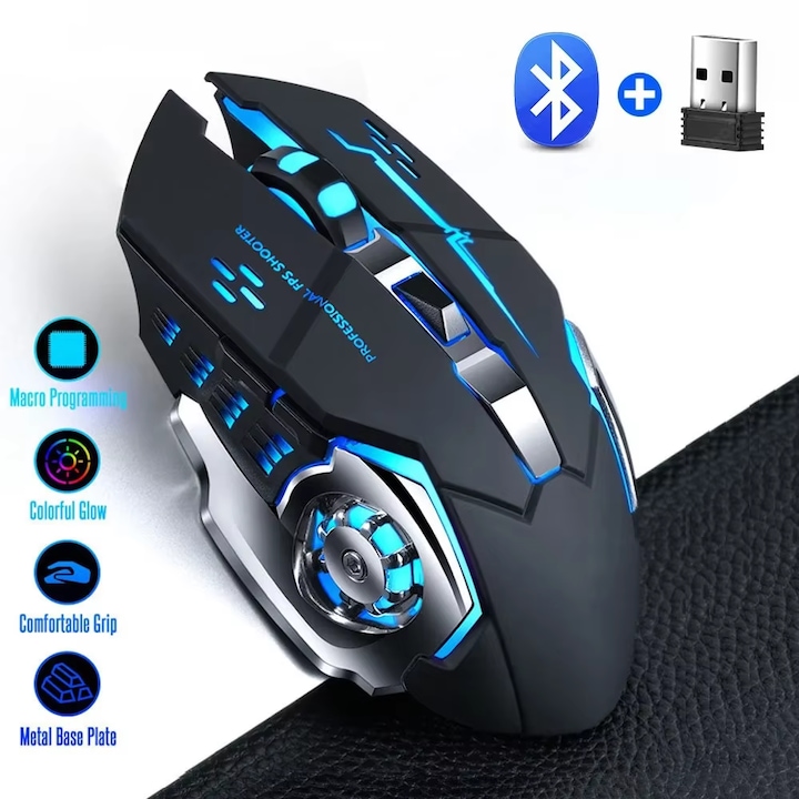 Безжична мишка, Bluetooth, Акумулаторна, RGB осветление, Безшумна, За игри и офис, USB, Съвместима с компютър/лаптоп