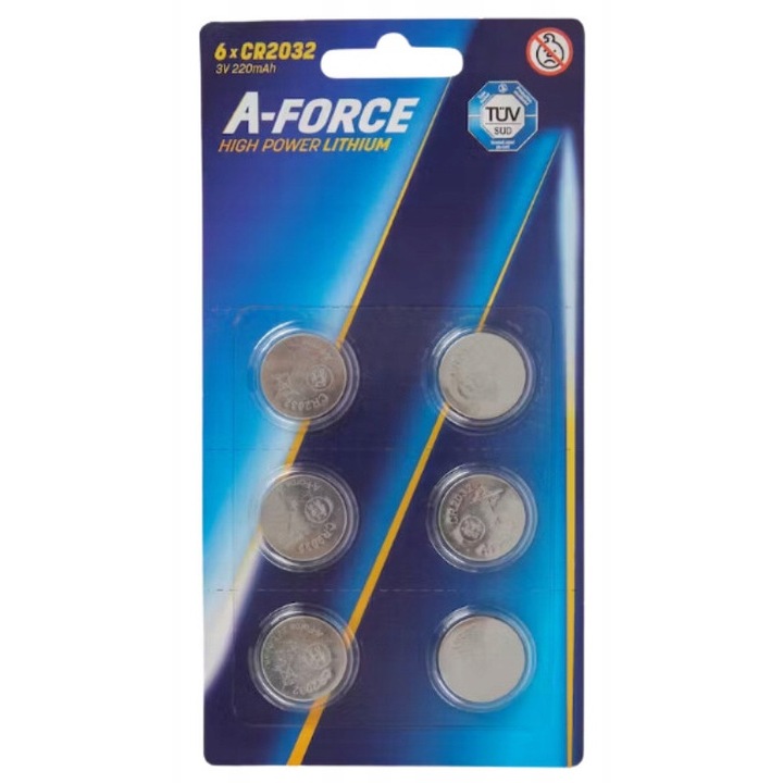 Set 6 baterii litium CR2032 A-Force 3V, 220 mAh