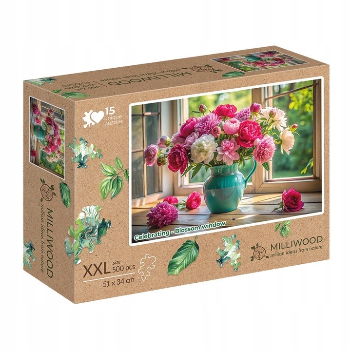 Puzzle din lemn XXL 500 piese Fereastra inflorita, multicolor