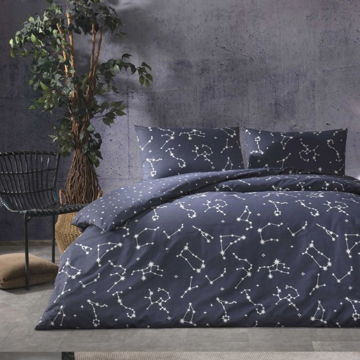 Lenjerie de pat dublu TAC, Lony, bumbac 100% ranforce, 4 piese, cearsaf cu elastic 160x200cm, constelatii