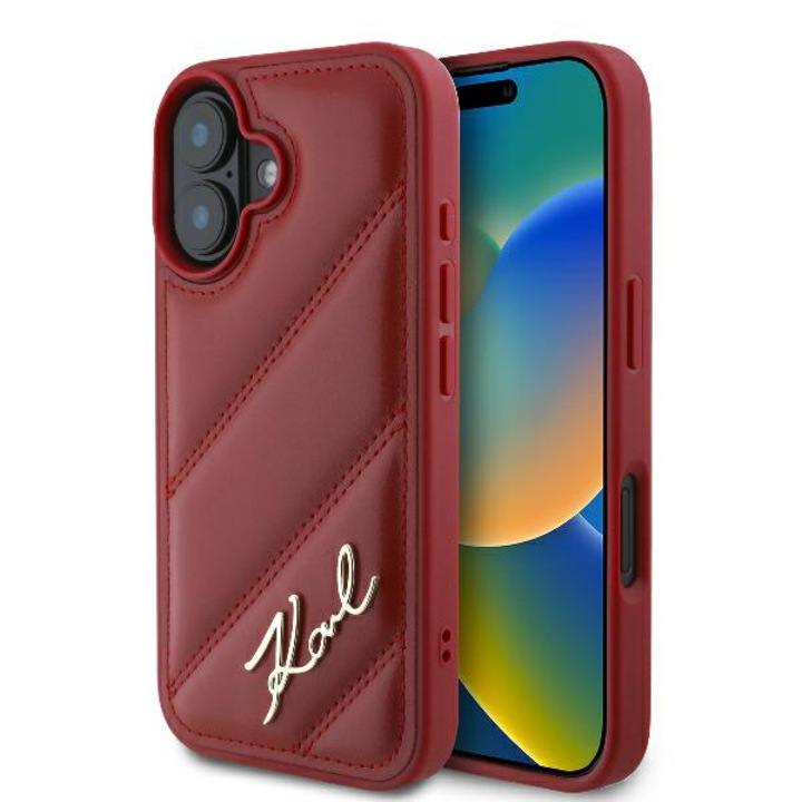 Carcasa Karl Lagerfeld Quilted Signature, rosie, pentru iPhone 16 6.1", rezistenta la socuri