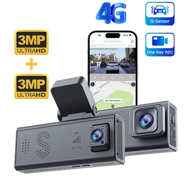 Видеорегистратор, Паркинг наблюдение, 4G, GPS goBERA®, Двоен обектив 3MP+3MP, Преден и заден радар, OBD, Нощно виждане, WiFi, Full HD, 24-часово наблюдение на паркирането, Специализирано приложение