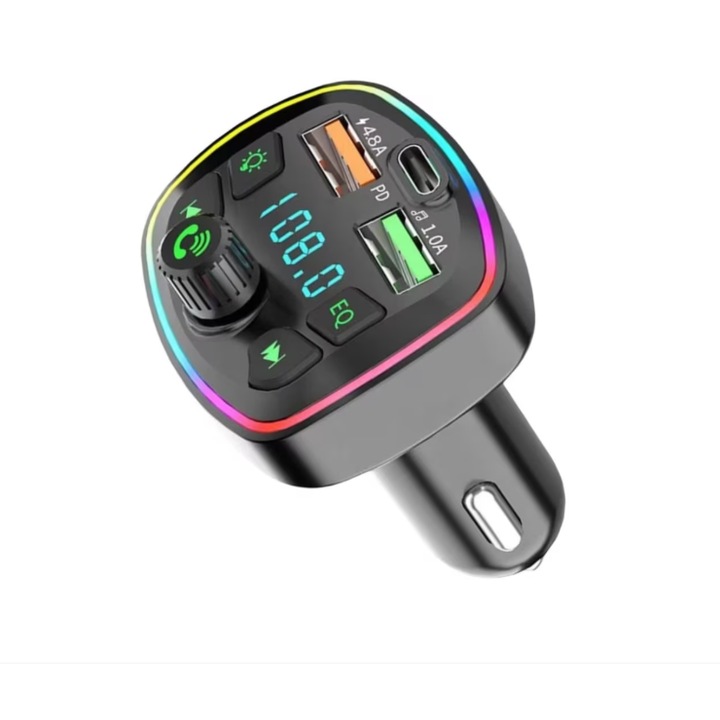 KIT pentru masina cu Modulator FM Auto cu Bluetooth 5.0, 20W incarcator auto, doua porturi USB, receptor FM wireless, transmitator FM gratuit Suport afisaj numar telefon, pentru parcare -NEGRU