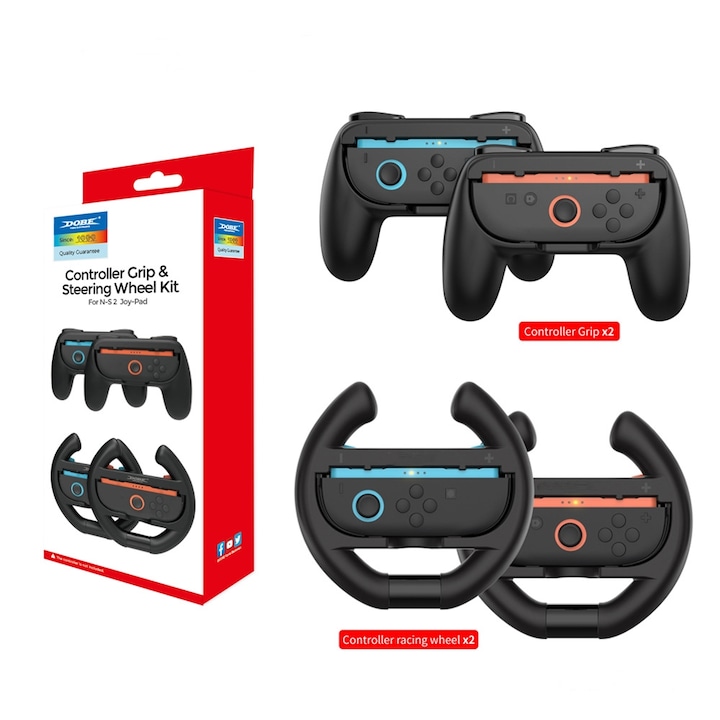 4 darabos játékkiegészítő készlet Joy-Con Nintendo Switch 2 (2025) kontrollerhez, Cootway, 2 db markolat + 2 db kormánykerék, ergonomikus kialakítás, védőtartozékok, ABS, fekete
