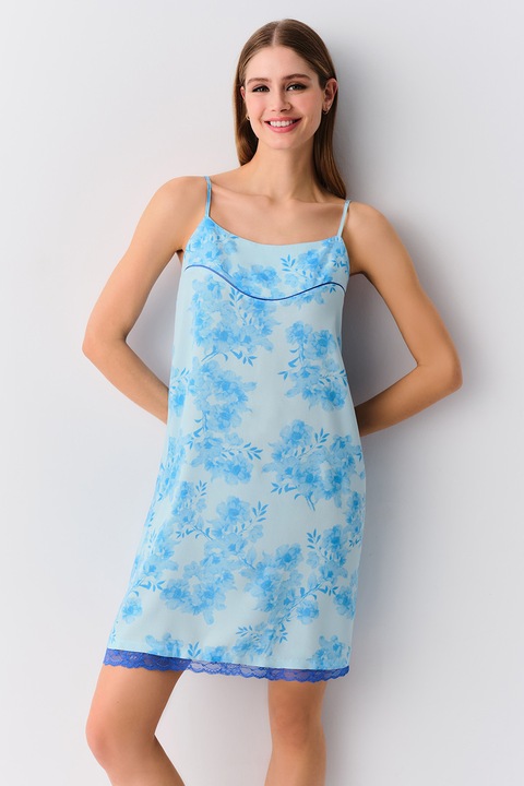 Suwen, Camasa de noapte cu model floral si garnituri de dantela, Albastru pastel/Albastru royal