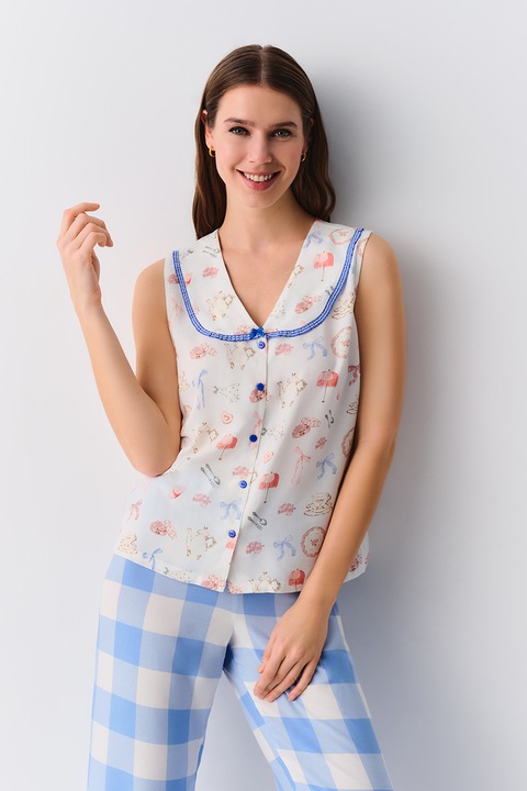 Suwen, Pijama cu decolteu in V, Alb/Albastru