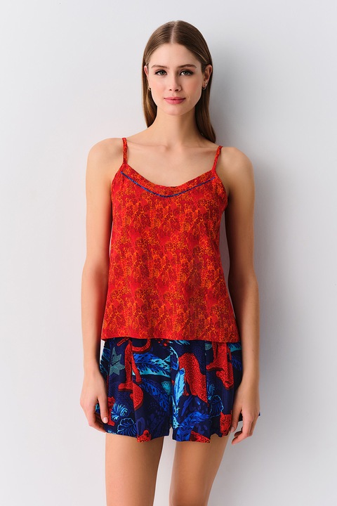 Suwen, Pijama cu imprimeu si bretele inguste, Rosu/Bleumarin