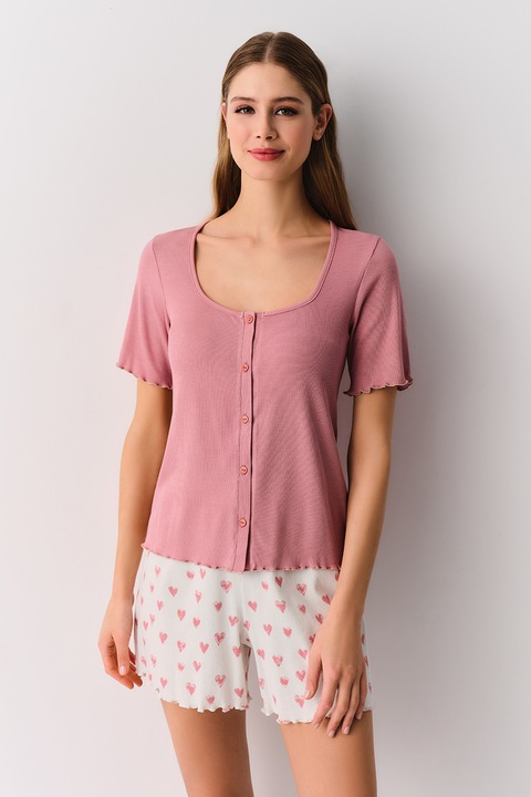 Suwen, Pijama striata cu maneci scurte, Alb/Roz