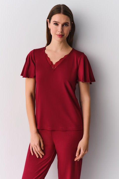 Suwen, Pijama cu model uni si garnituri din dantela, Rosu inchis