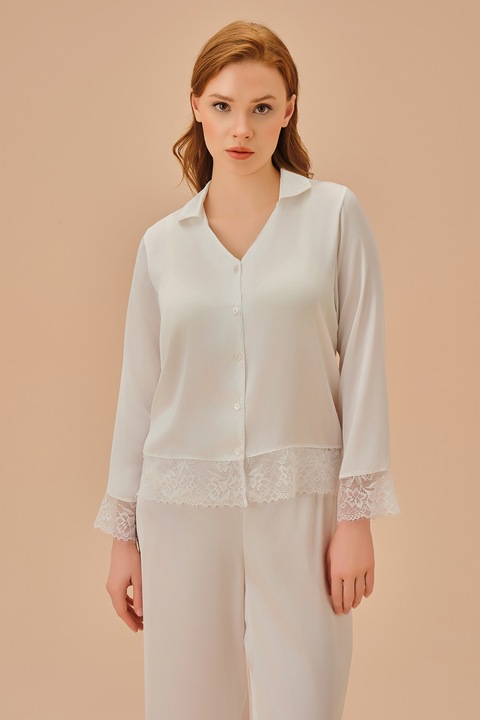 Suwen, Pijama lunga cu garnitura de dantela, Alb fildes