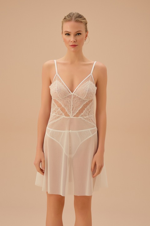 Suwen, Neglijeu semi-transparent cu segmente de dantela, Alb fildes