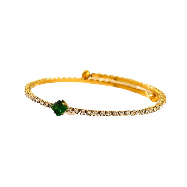 Bratara dubla cu zirconiu verde din otel titan, plina cu diamante, reglabila, design retro, accesoriu pentru evenimente, verde-auriu