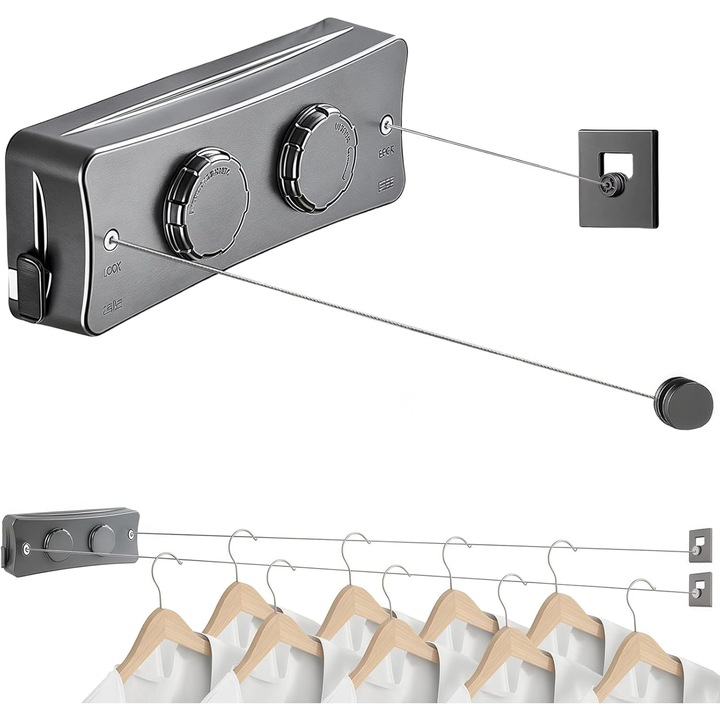 Uscator rufe Fara perforare si retractabil HaploS®, Monobloc cu doua franghii din otel inoxidabil, 5.2 m, 20kg, Negru