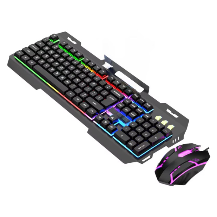 Set tastatura si mouse cu Fir Iluminare RGB, Material dur, cu Suport pentru Telefon, rezistent la stropire-NEGRU