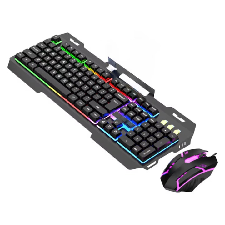 Set tastatura si mouse cu Fir Iluminare RGB, Material dur, cu Suport pentru Telefon, rezistent la stropire-NEGRU