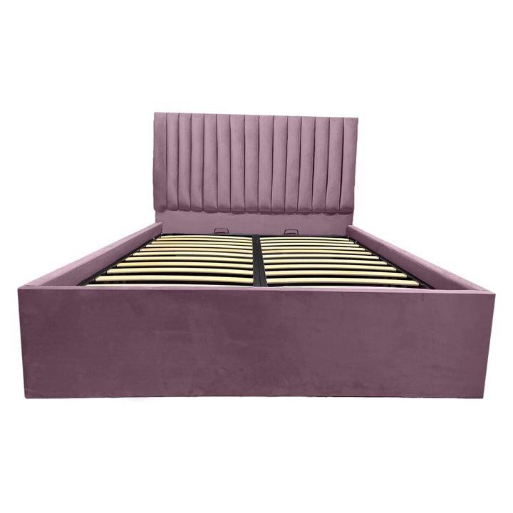 Pat Cronos tapitat 130/200 cu somiera rabatabila si spatiu depozitare roz pudra