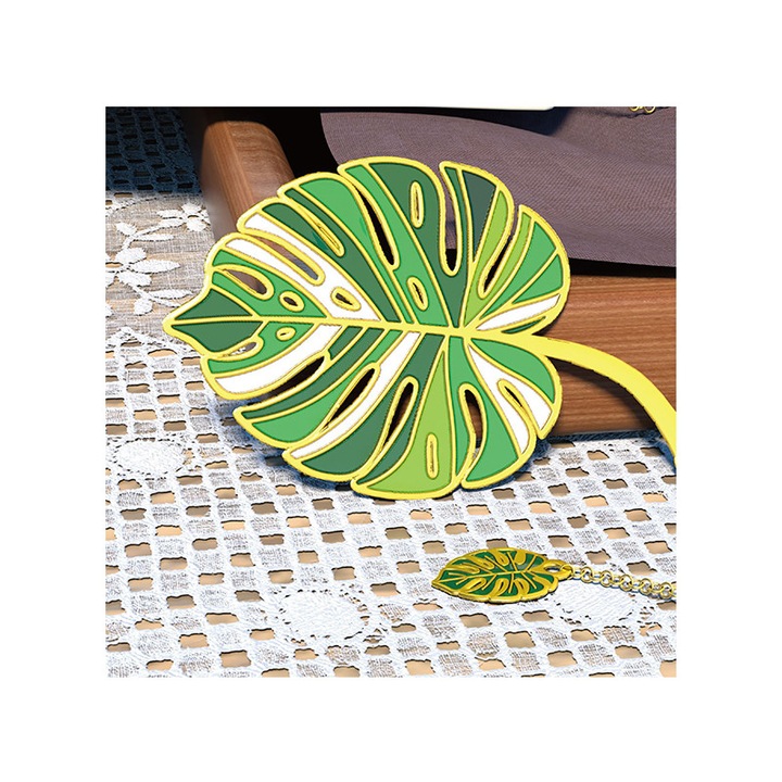 Semn de carte auriu in stil vintage, verde / auriu, frunze