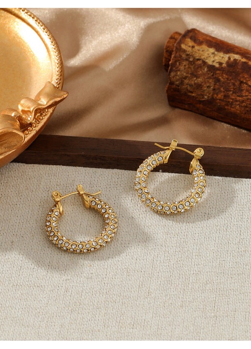 Cercei mari din otel titan cu zirconiu si diamante albe, model circular stralucitor, accesoriu de gala elegant