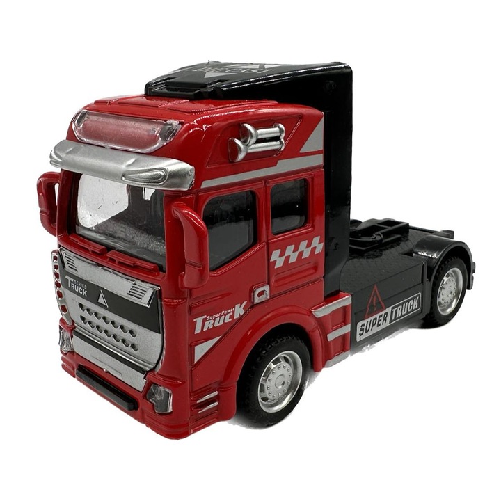 Jucarie masina model cap tractor, macheta tir metal, sistem Pull Back, culoare Rosu, marime 12 x 8 x 5 cm
