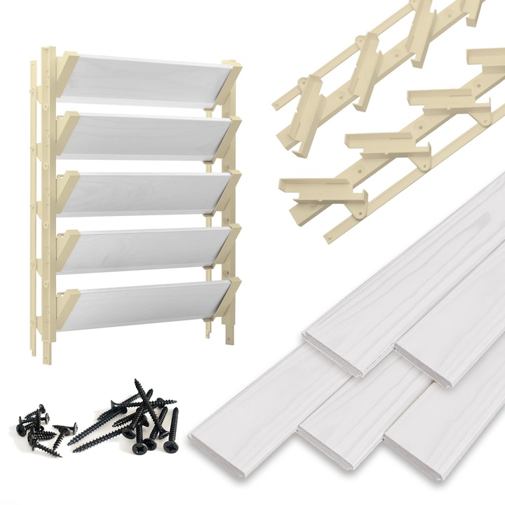 Sistem cu lamele reglabile din HDPE, Din lemn de pin, Sistem de obloane, PrestigePro, Jaluzele de terasa, 5 bucati, Bej si Alb