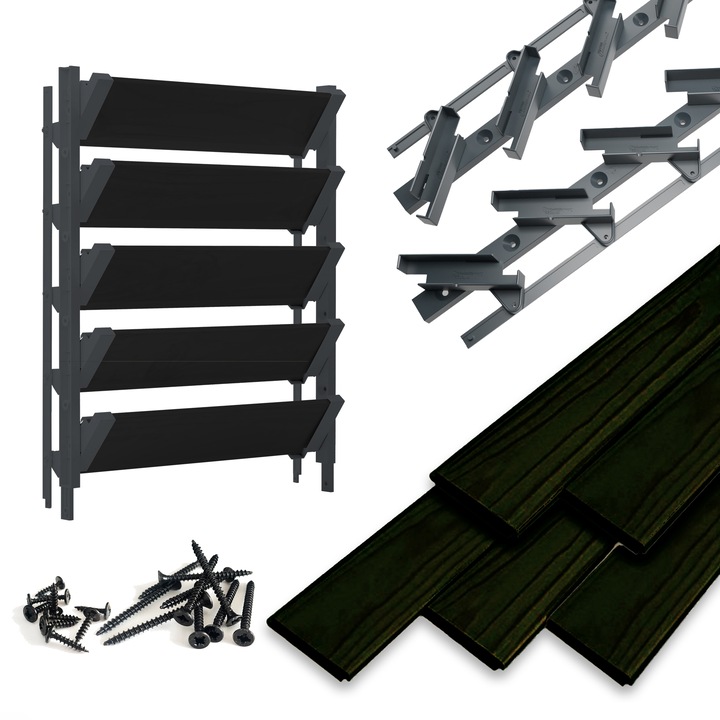 Sistem cu lamele reglabile din HDPE, Din lemn de pin, Sistem de obloane, PrestigePro, Jaluzele de terasa, 5 bucati, Negru carbune si Gri