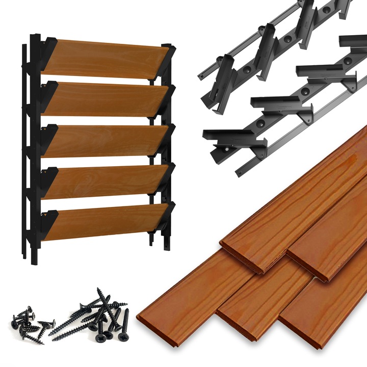 Sistem cu lamele reglabile din HDPE, Din lemn de pin, Sistem de obloane, PrestigePro, Jaluzele de terasa, 5 bucati, Negru carbune si stejar auriu