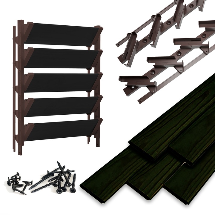 Sistem cu lamele reglabile din HDPE, Din lemn de pin, Sistem de obloane, PrestigePro, Jaluzele de terasa, 5 bucati, Maro si Negru