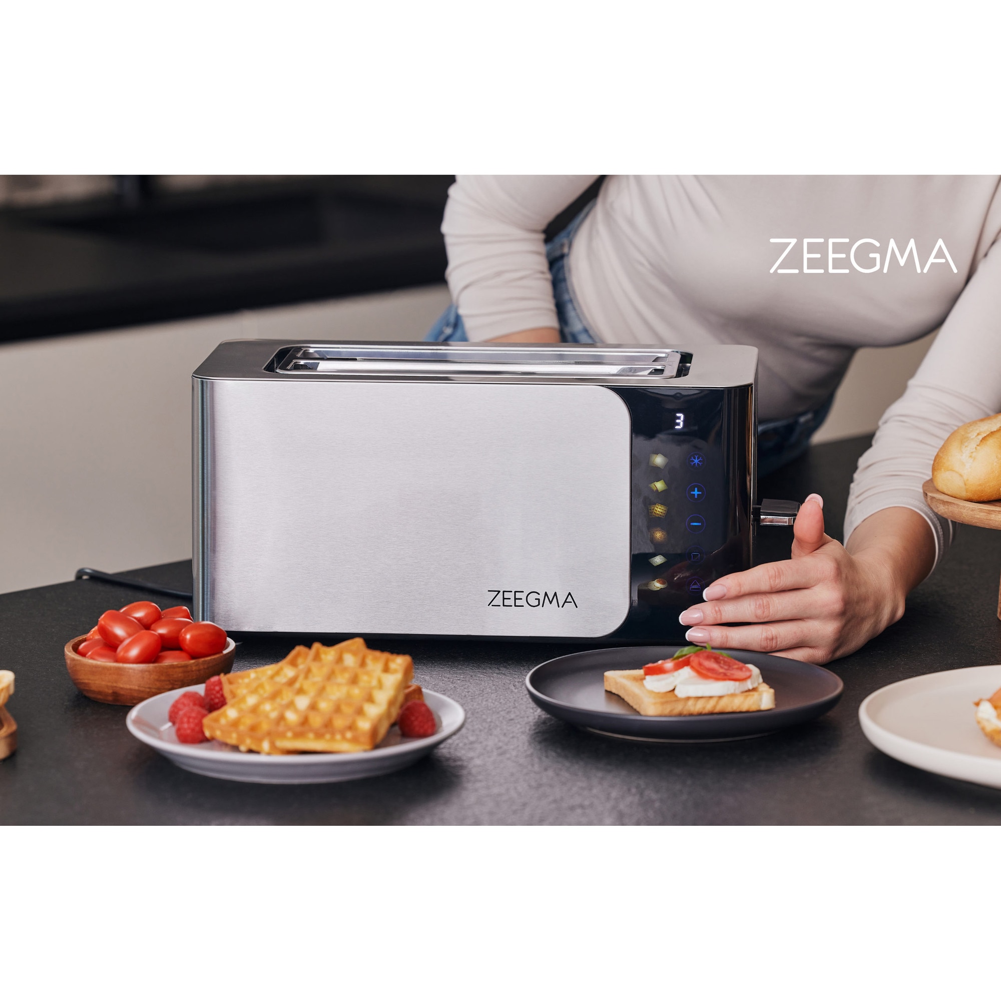 ZEEGMA TOSTEE CHEF Grille-pain 4 Tranches Acier Inoxydable 1500W - Support Petits Pains, LED, Décongélation & Réchauffage